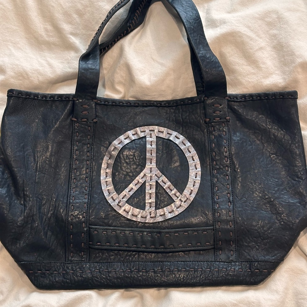 Carla Mancini Genuine Leather Slouchy Tote - Peace Sign - Black Leather